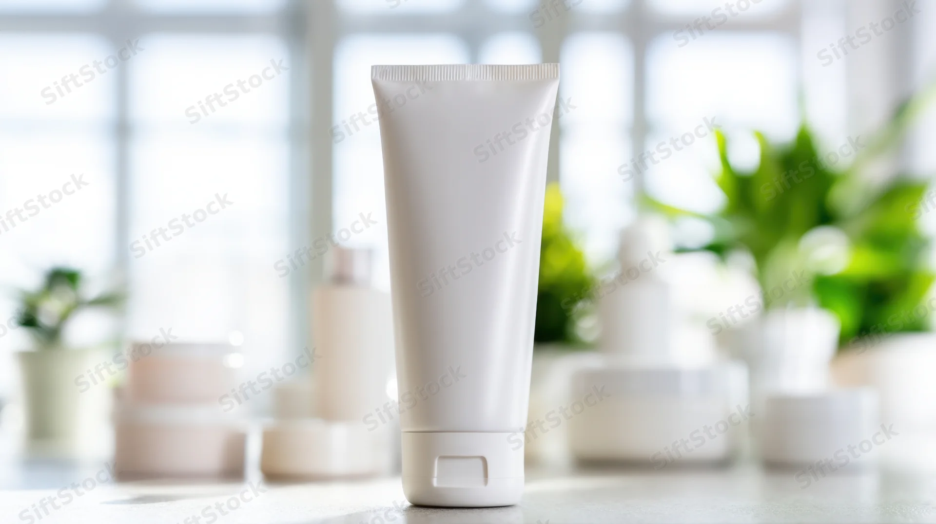 White cosmetic tube standing upright on a countertop with blurred bathroom products and green plants in background