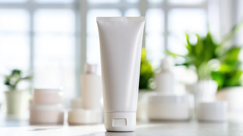 White cosmetic tube standing upright on a countertop with blurred bathroom products and green plants in background