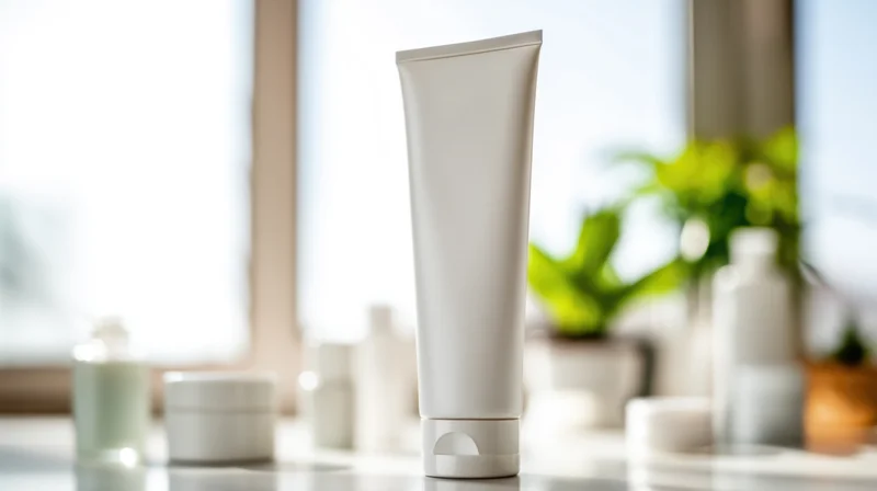 White cosmetic tube standing upright on a bathroom countertop near a window with green plants in soft natural light