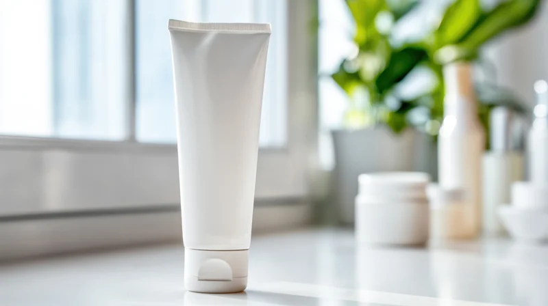 White cosmetic tube standing upright on a bathroom countertop near a window with green plant in background