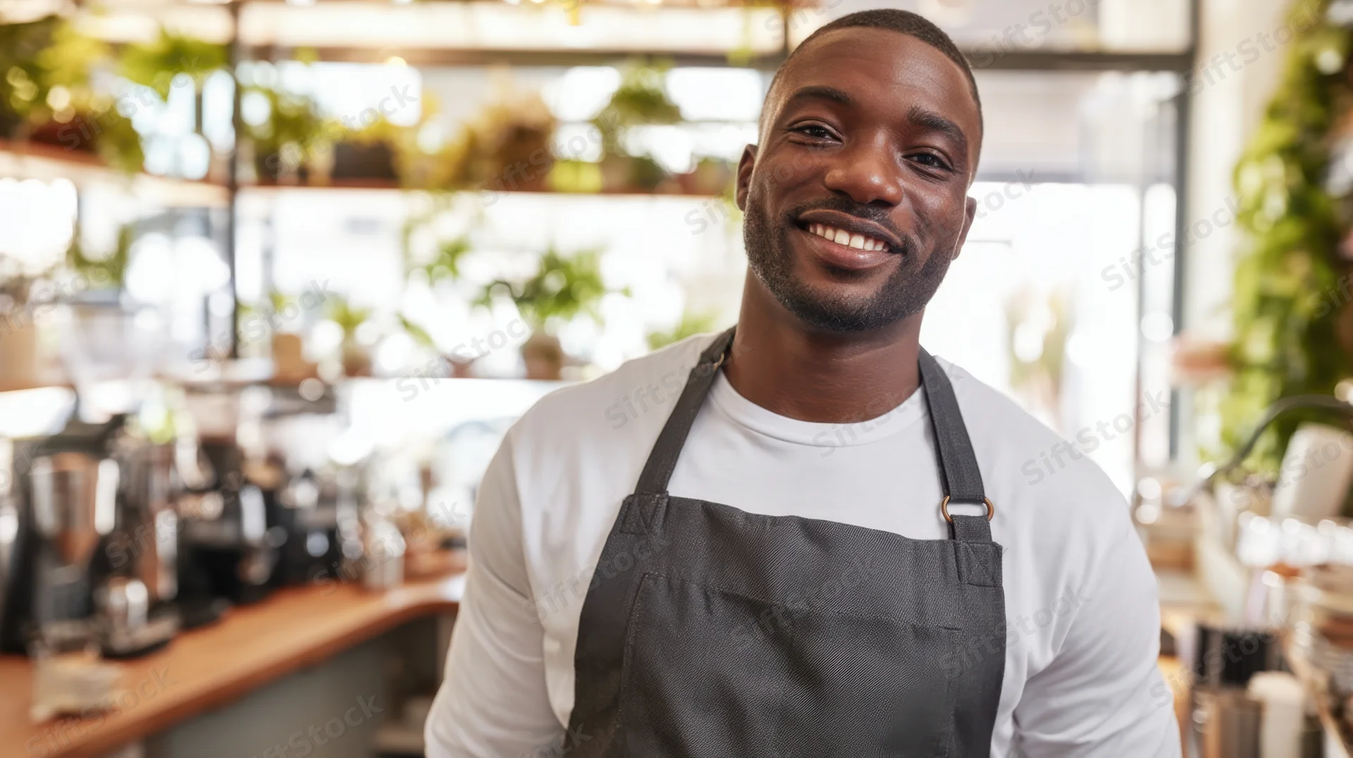 Smiling black barista wearing apron in coffee shop interior