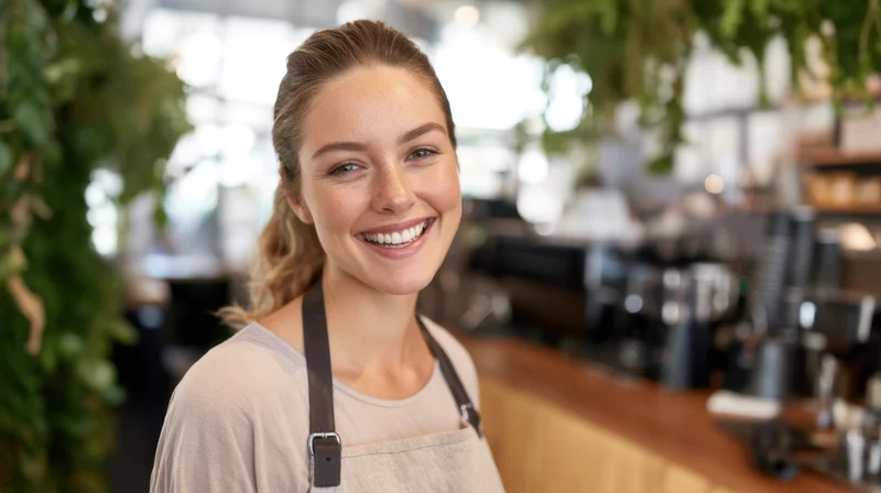 Smiling barista wearing apron in cafe interior with greenery and counter in background