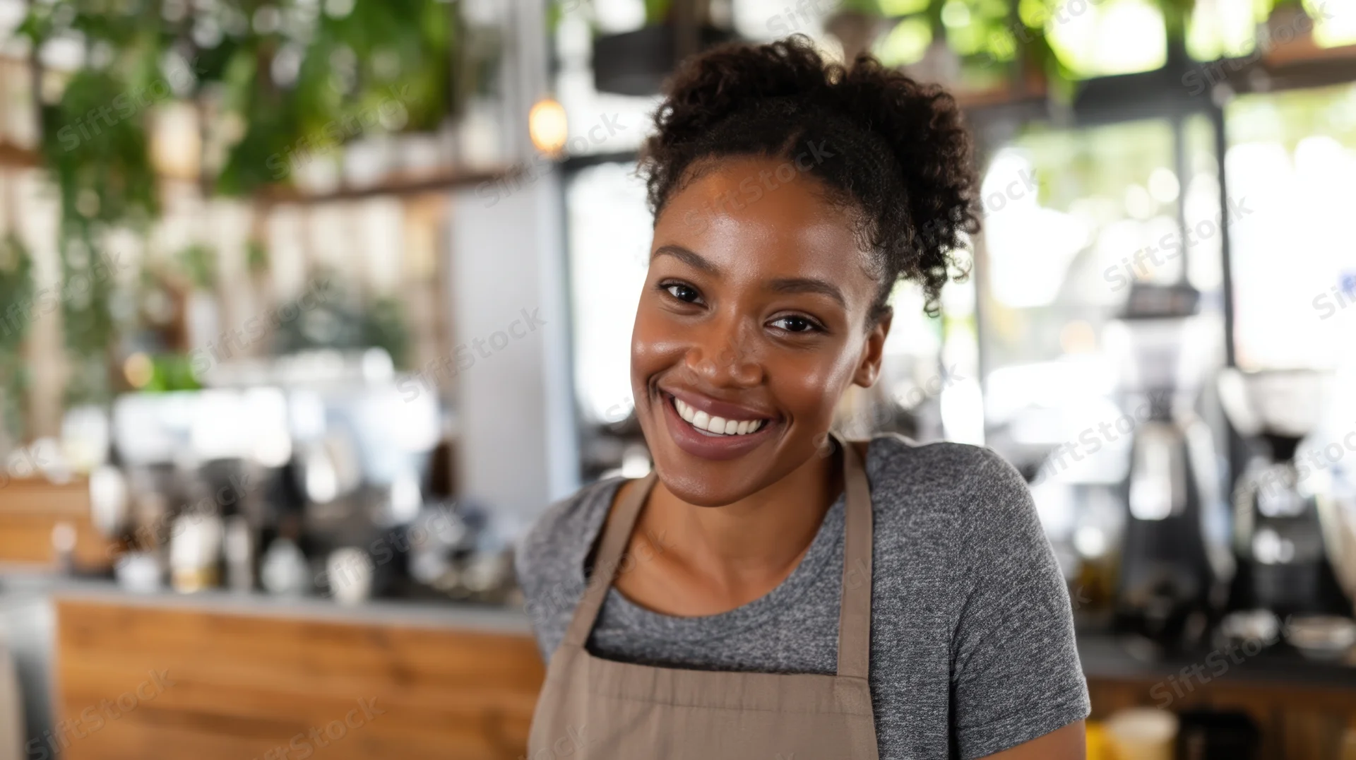 Smiling barista wearing apron in cafe interior