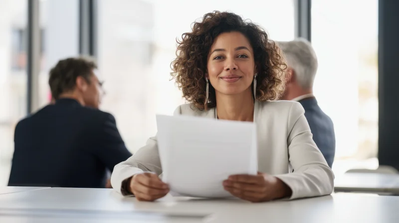 Smiling woman in white blazer holding document at modern office conference table