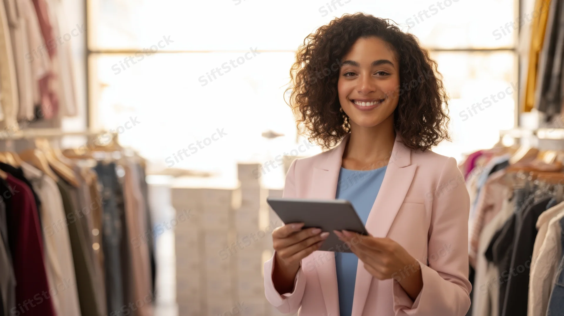 Smiling woman holding tablet in clothing store aisle