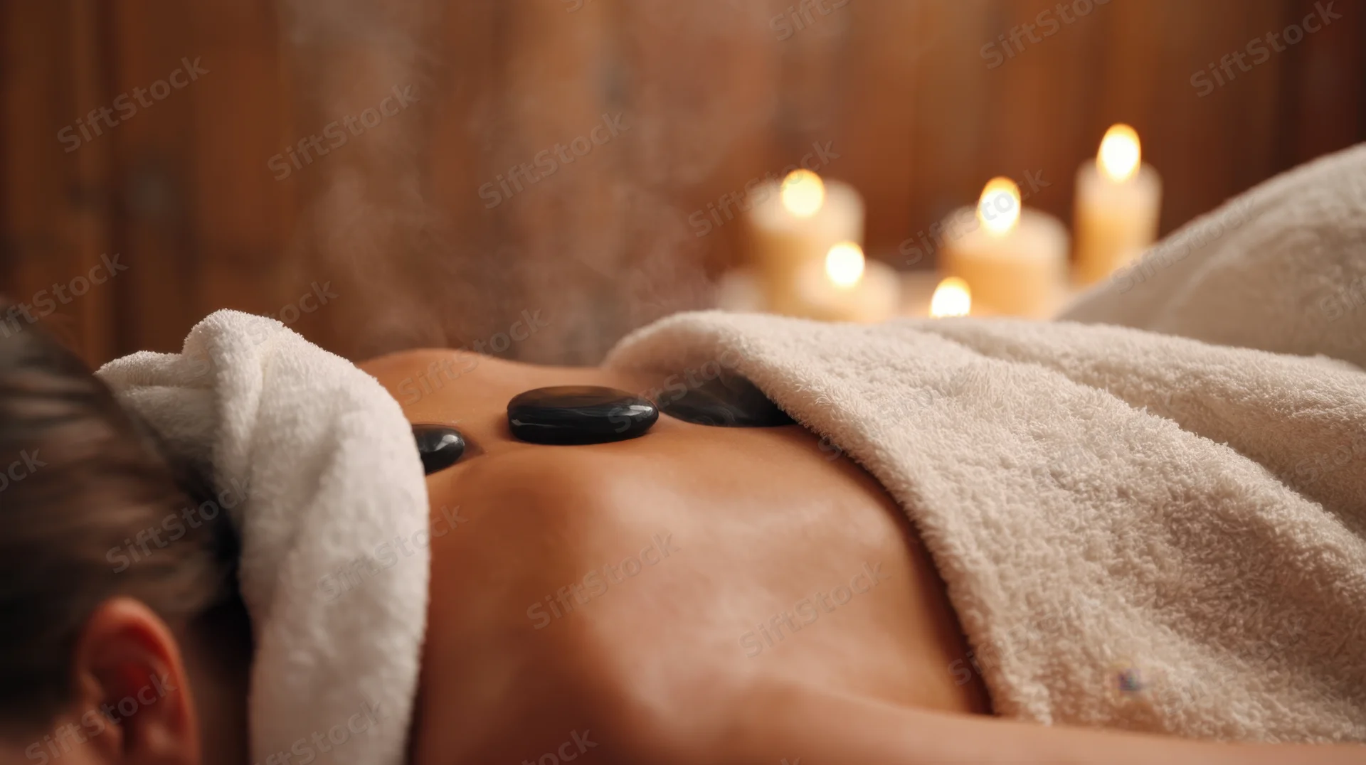 Woman receiving hot stone massage on back with steam and candles in spa setting