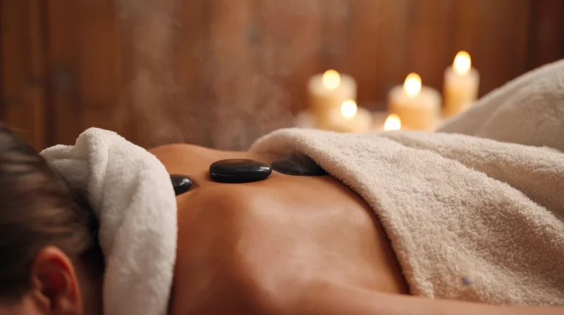 Woman receiving hot stone massage on back with steam and candles in spa setting