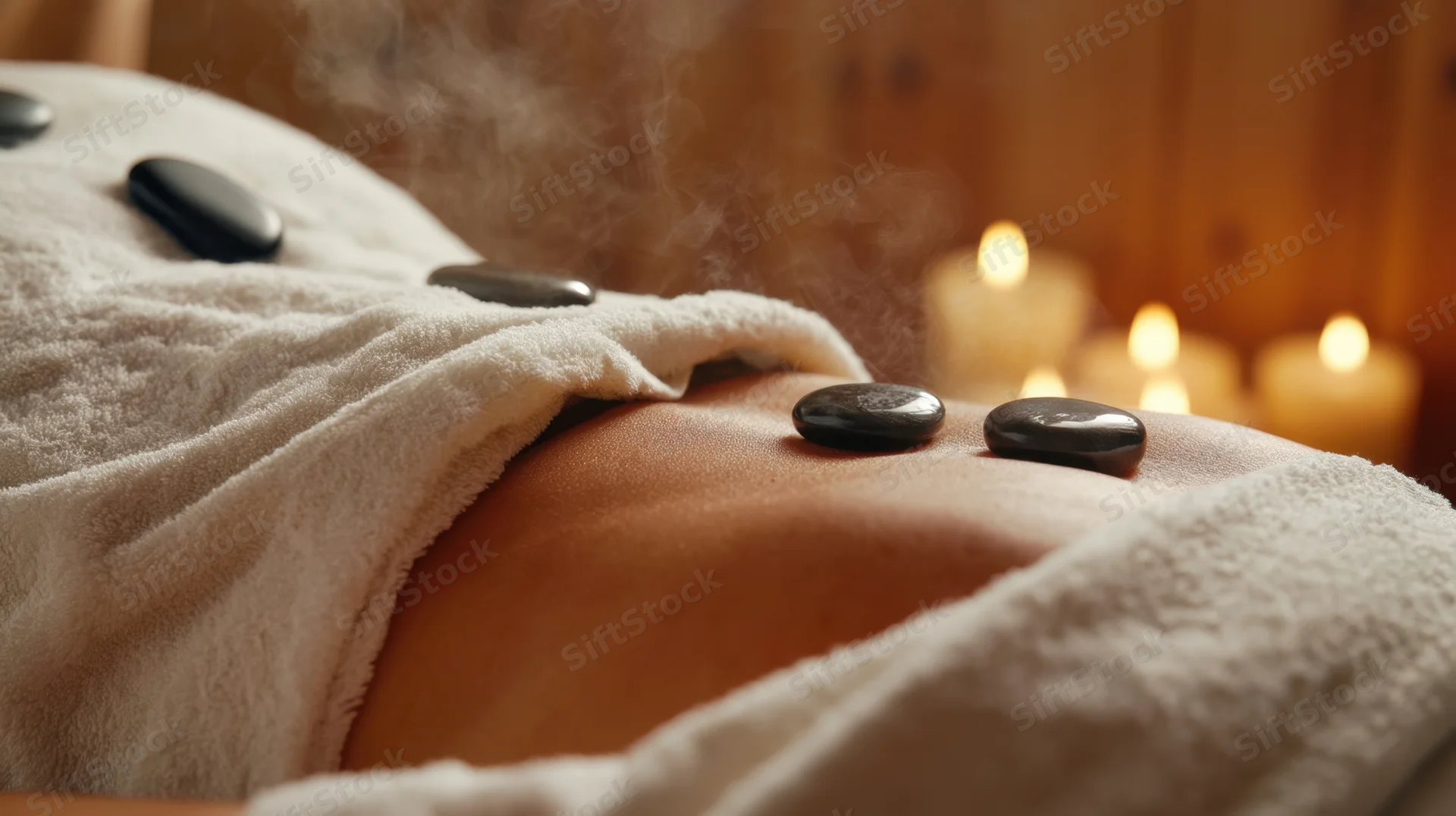 Woman receiving hot stone massage on back with steam and candles in spa setting