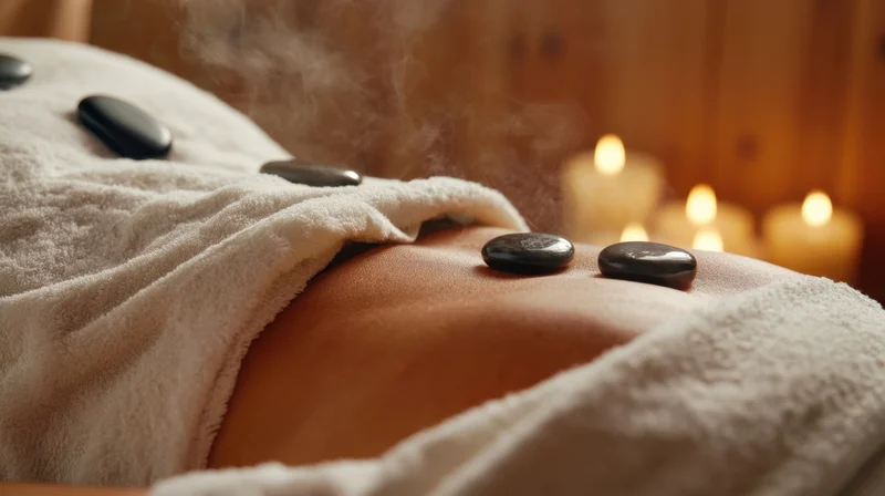 Woman receiving hot stone massage on back with steam and candles in spa setting