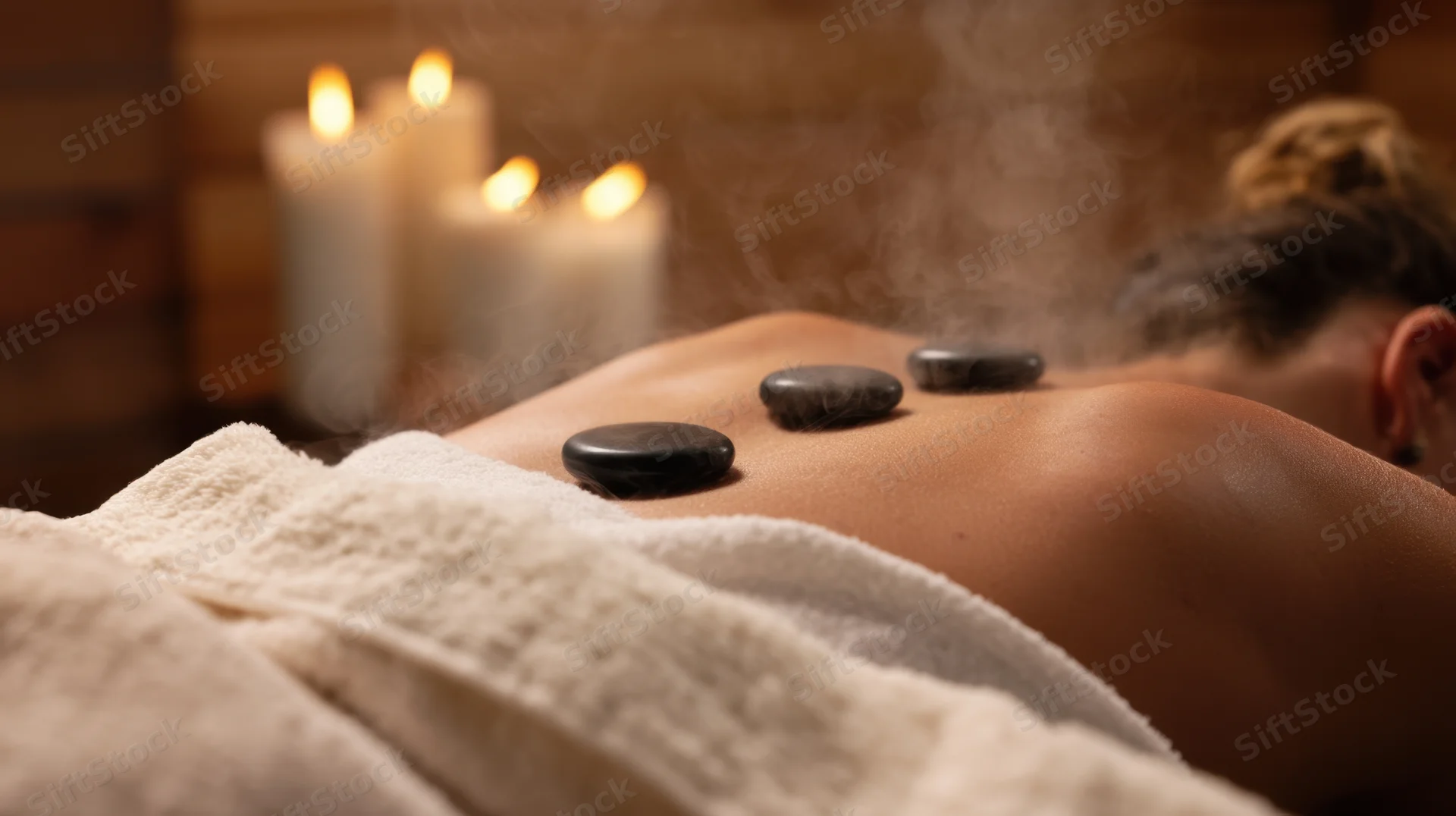 Woman receiving hot stone massage on back in spa setting with candles and steam