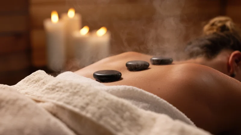 Woman receiving hot stone massage on back in spa setting with candles and steam