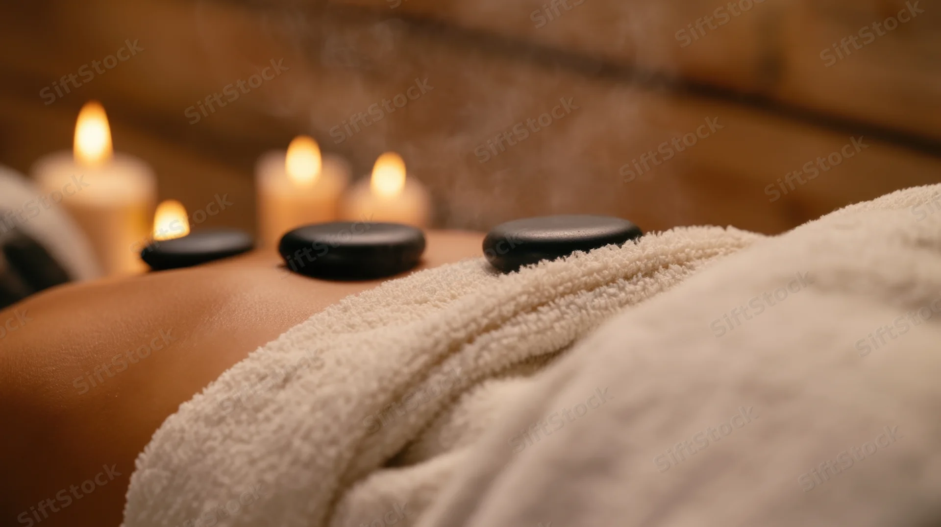 Woman receiving hot stone massage on back with candles and steam in spa setting