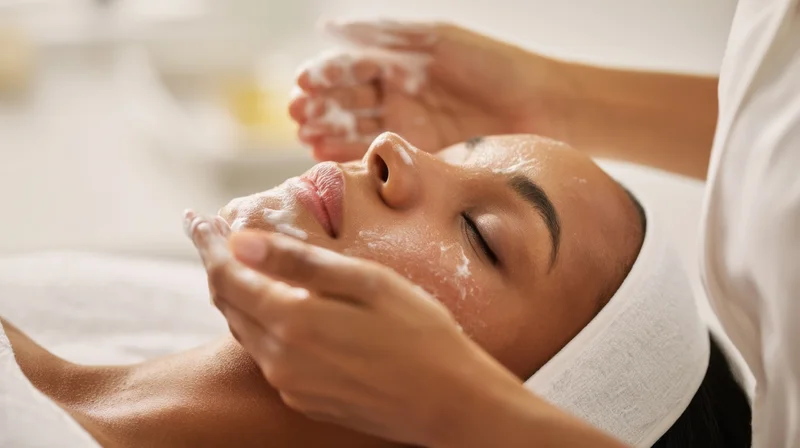 Woman receiving facial treatment with cream applied by esthetician at spa