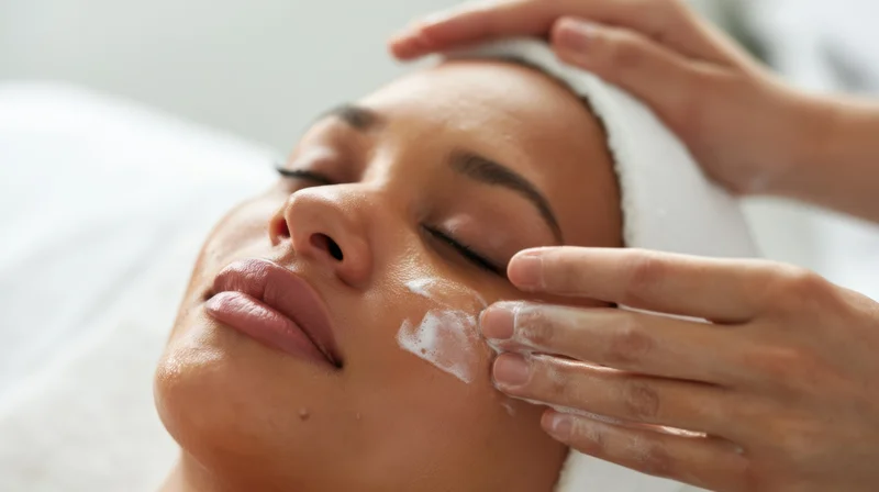 Woman receiving facial treatment with cream applied to her face in spa setting