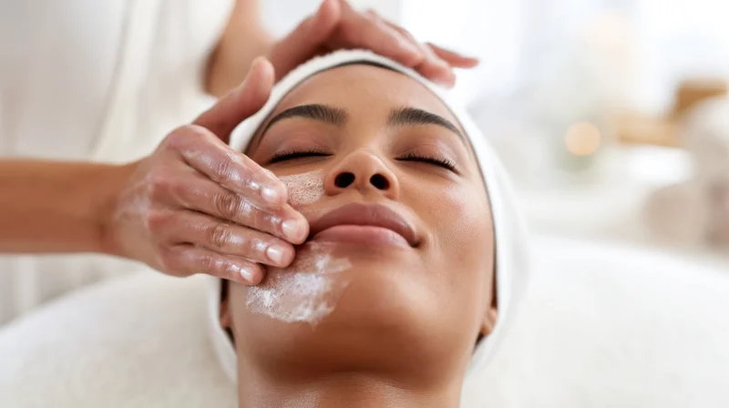 Woman receiving facial exfoliation treatment at spa