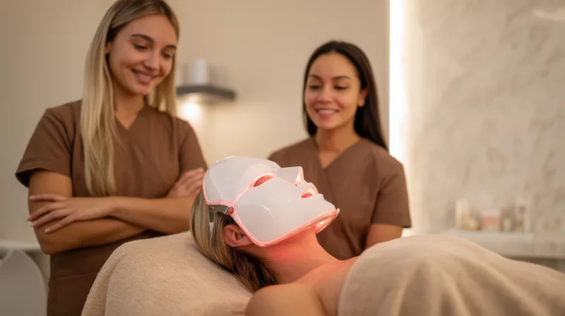 Woman receiving red light therapy facial mask treatment in spa salon with two estheticians observing