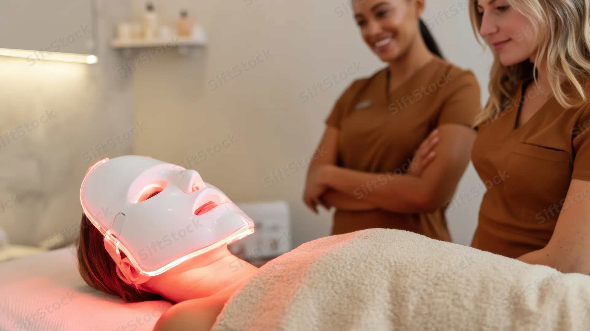 Woman receiving led light therapy facial treatment in spa salon with estheticians observing