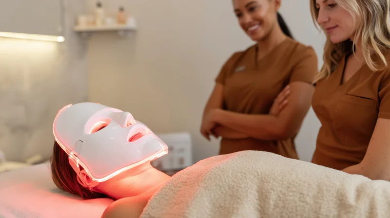 Woman receiving led light therapy facial treatment in spa salon with estheticians observing