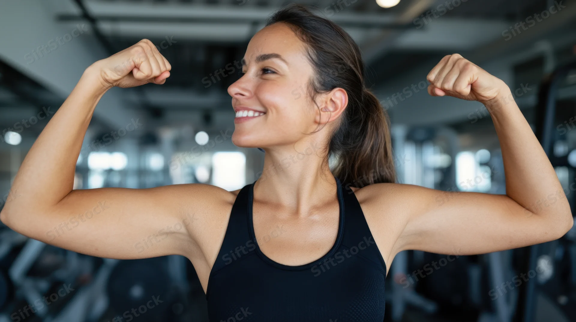 Woman flexing biceps in gym smiling at camera wearing black tank top