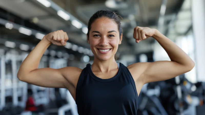 Woman flexing biceps in gym smiling at camera