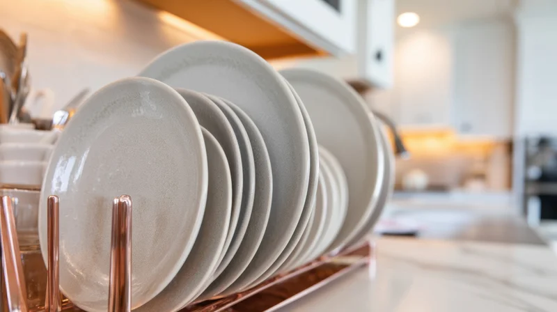 Ceramic plates arranged on a copper dish drying rack on a kitchen countertop
