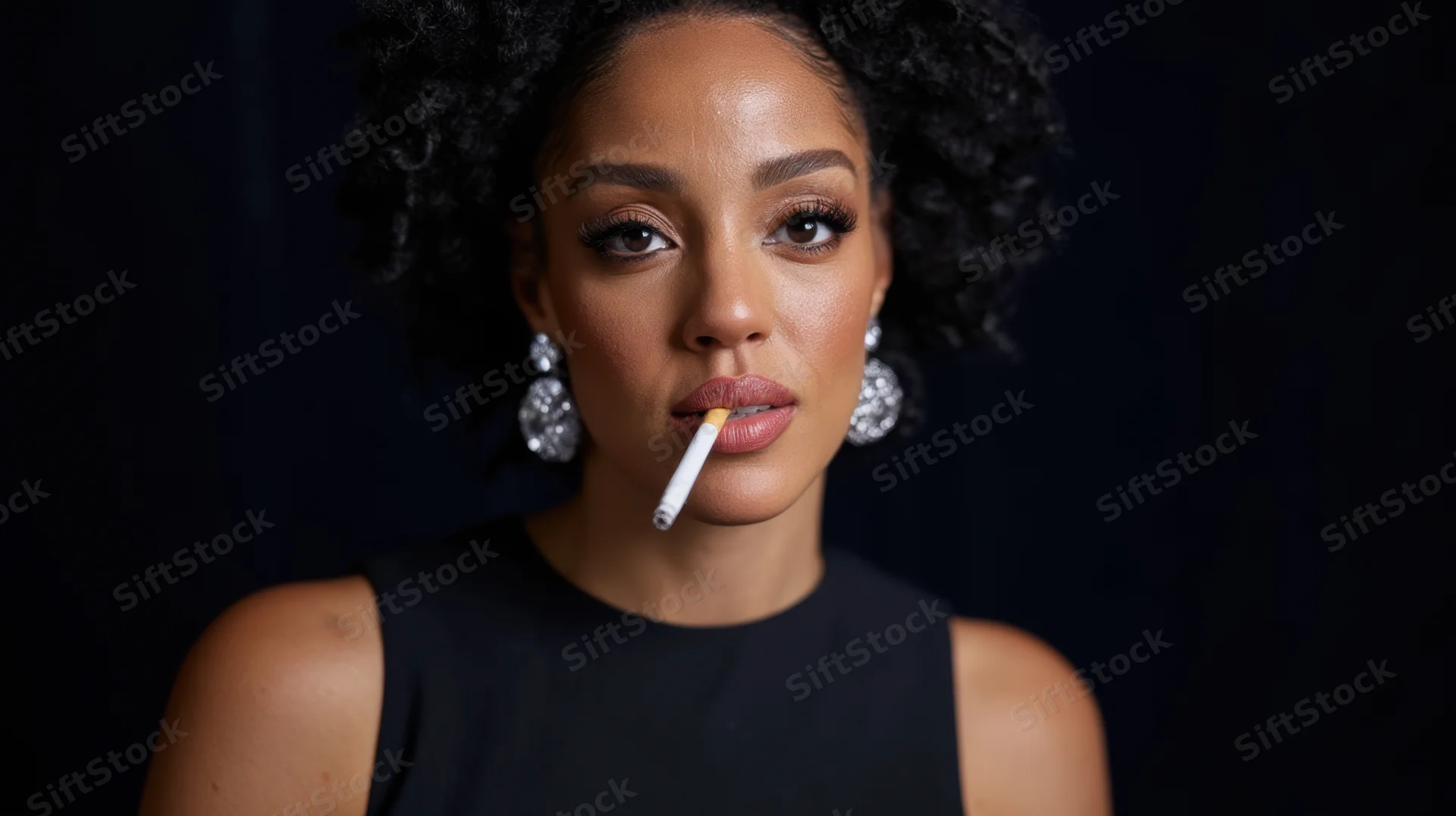 Woman with natural afro hairstyle smoking a cigarette in a studio portrait wearing diamond earrings and a black dress