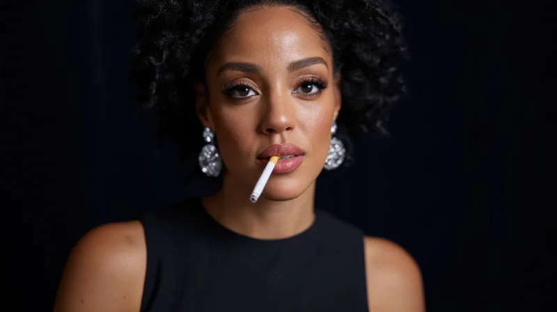 Woman with natural afro hairstyle smoking a cigarette in a studio portrait wearing diamond earrings and a black dress
