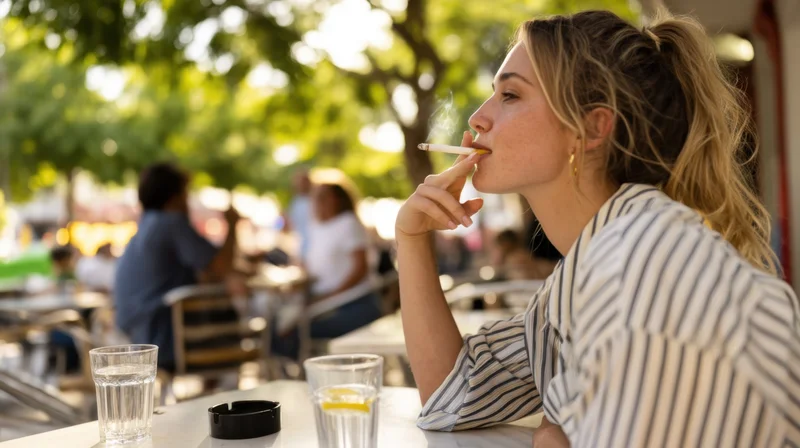 Young woman smoking a cigarette at an outdoor cafe table with glasses of water and lemon slices