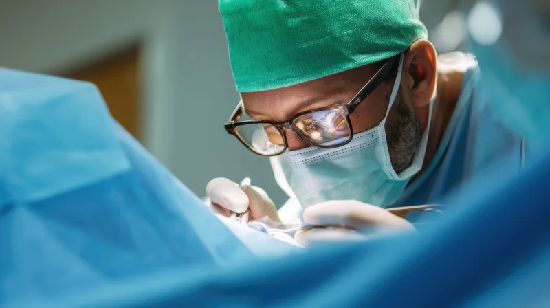 Surgeon concentrating during surgery in an operating room wearing scrubs and protective gear