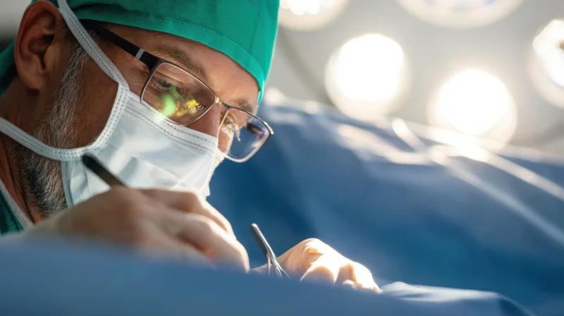Surgeon concentrating during surgery in an operating room with surgical instruments and overhead lighting