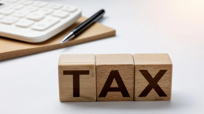Wooden blocks spelling tax on a desk with calculator and pen nearby