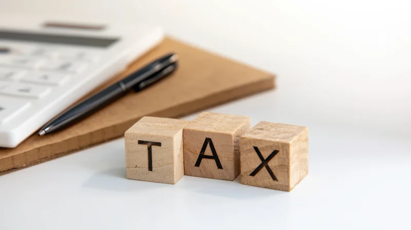 Wooden blocks spelling tax on a desk with calculator and pen nearby