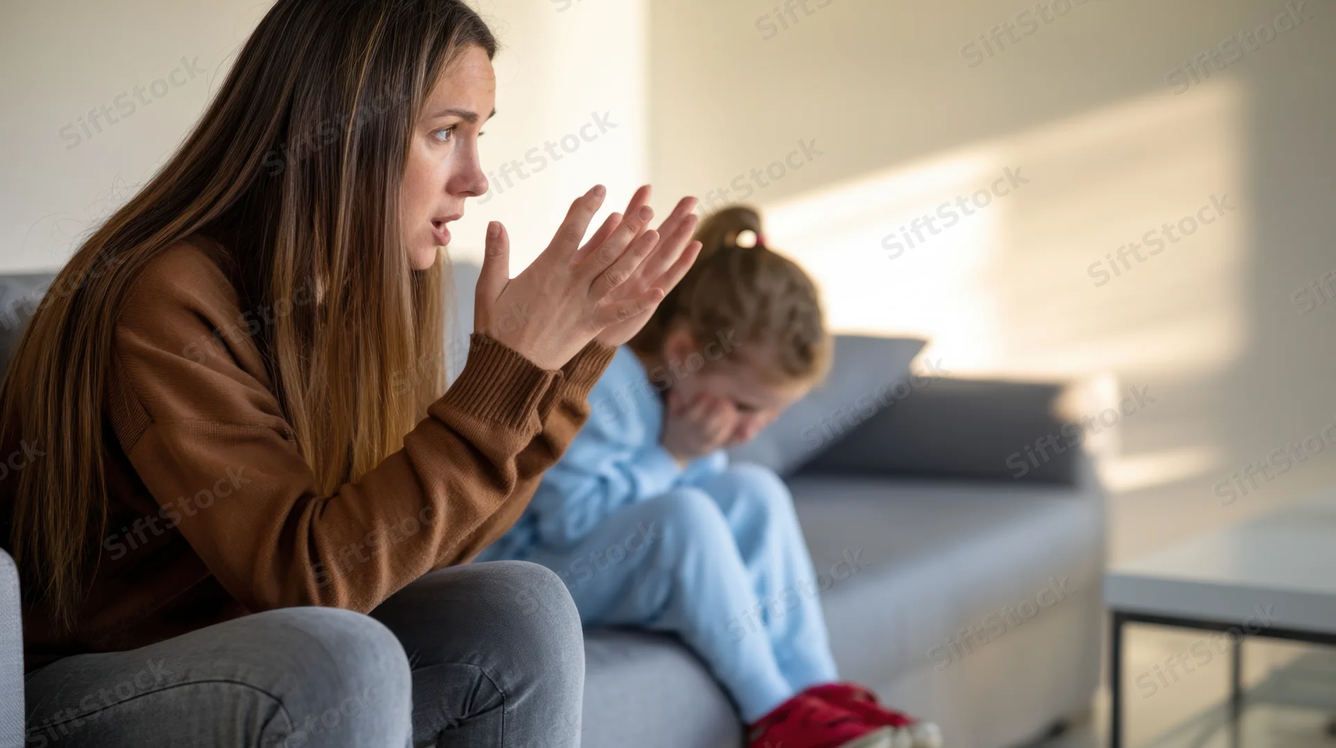 Woman gesturing while speaking to a crying child sitting on a sofa in a living room
