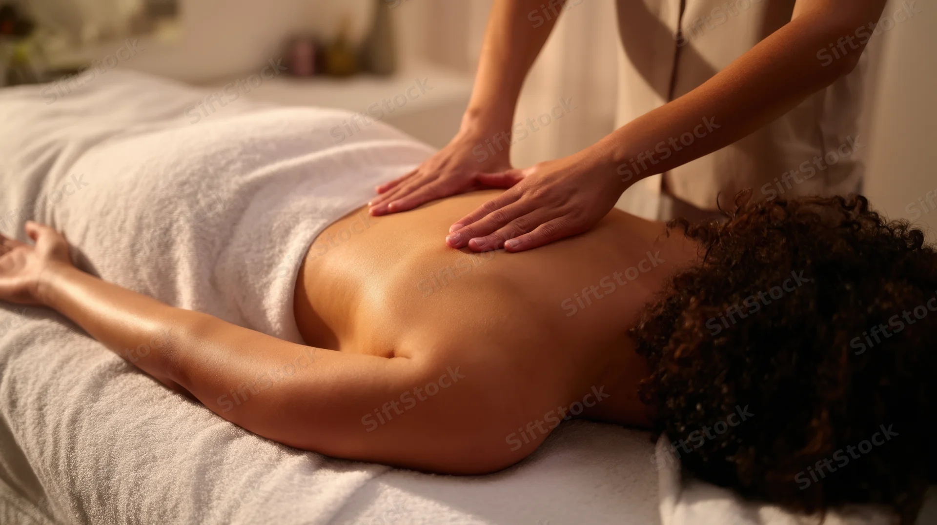 Woman receiving back massage on spa table with towel draped over her body