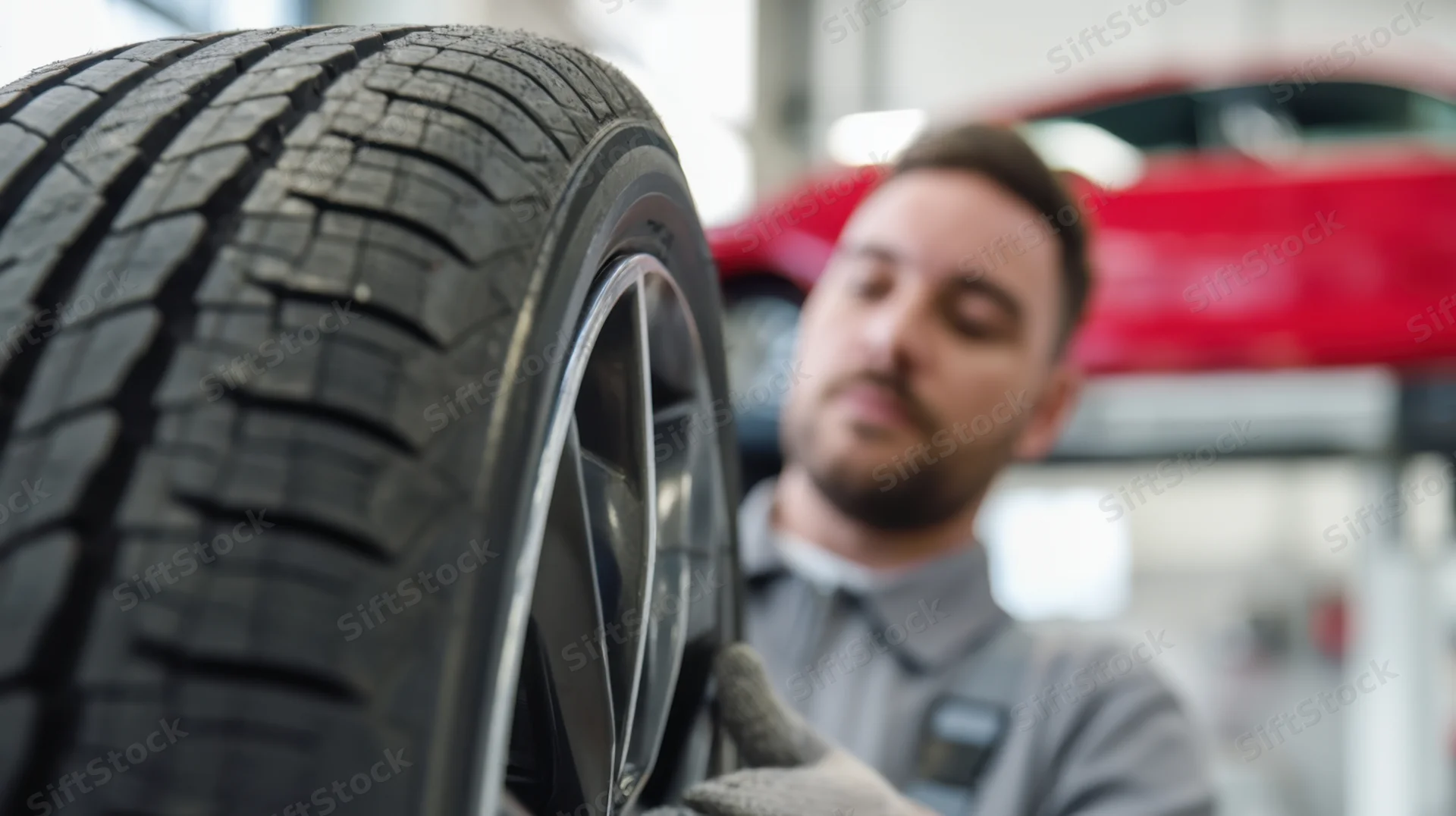 Mechanic inspecting a tire in a garage workshop