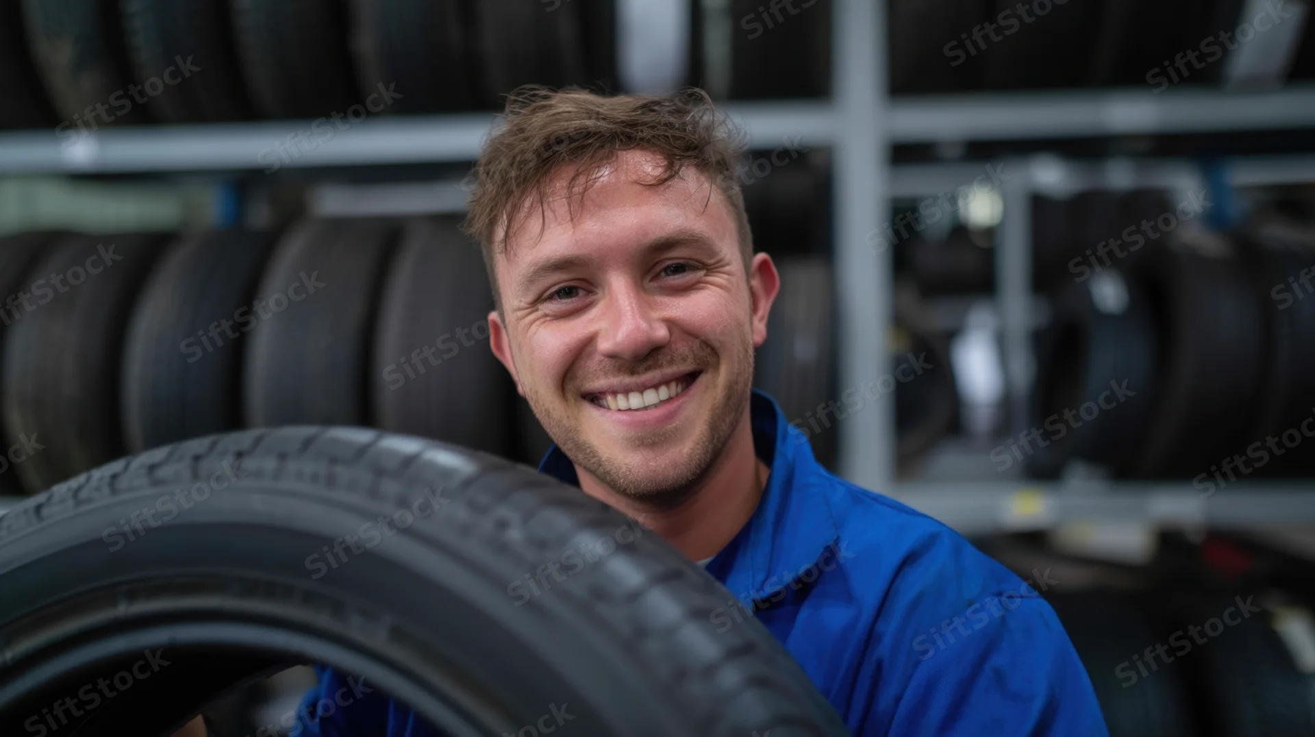 Smiling male mechanic in blue shirt holding tire in automotive shop interior