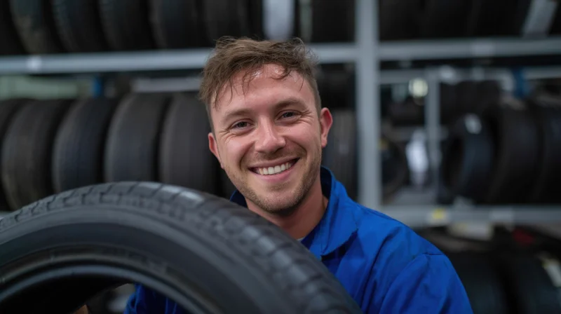 Smiling male mechanic in blue shirt holding tire in automotive shop interior