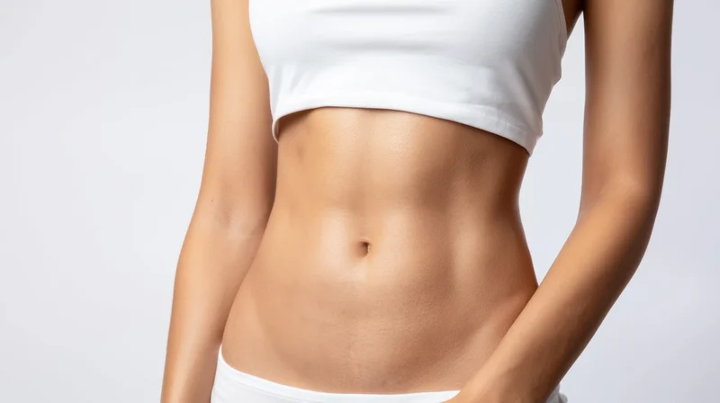 Toned woman's abdomen with smooth skin and visible navel, wearing white crop top and underwear, isolated on white background