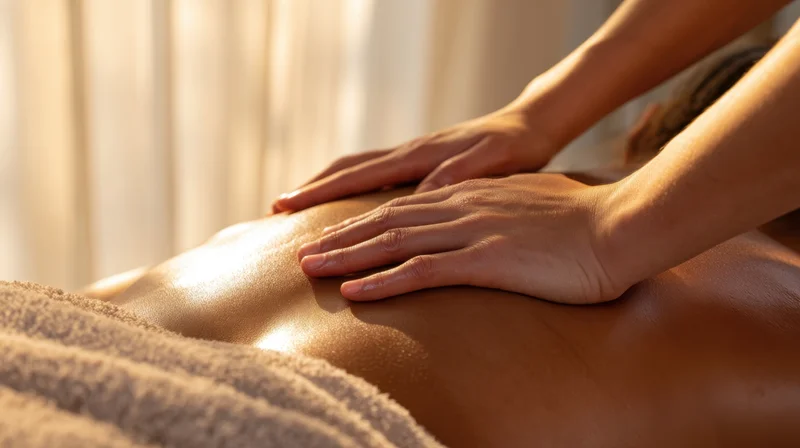 Hands performing massage on a woman's back in a spa setting