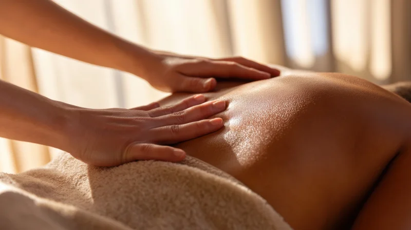 Closeup of hands massaging a woman's back with oil in a spa setting