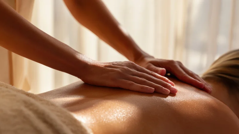 Woman receiving back massage with hands applying oil in spa setting