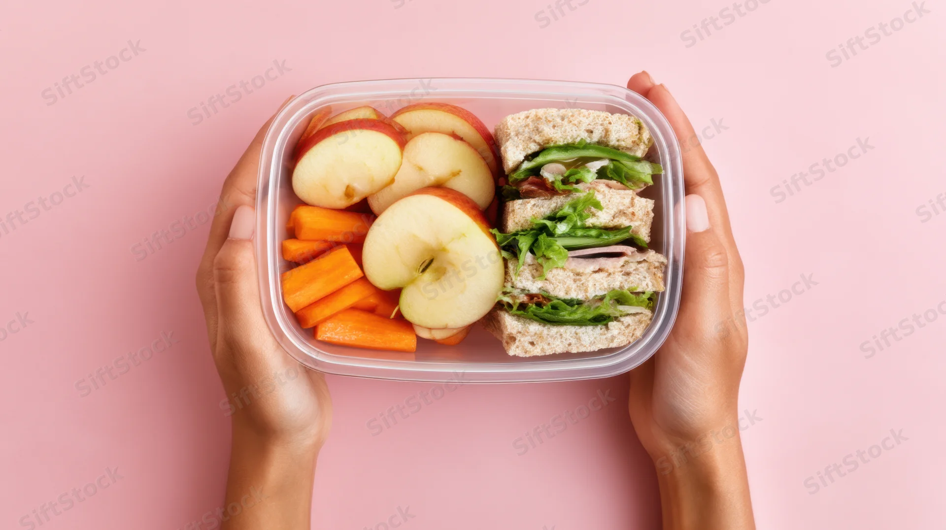Hands holding a transparent lunchbox with a sandwich, apple slices, and carrot sticks against a pink background