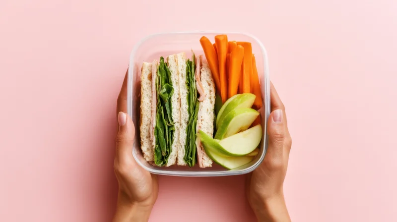 Hands holding a transparent lunchbox with a sandwich, carrot sticks, and apple slices against a pink background