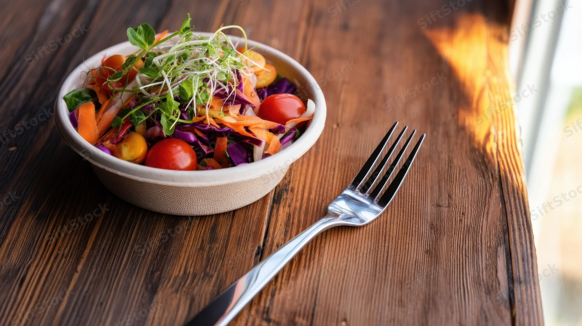 Vibrant salad in a biodegradable bowl with fork on wooden table