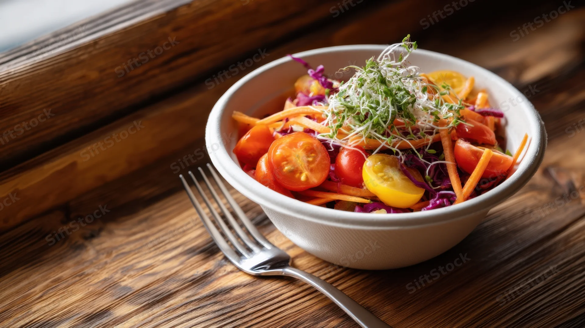 Vibrant salad with tomatoes, carrots, cabbage and sprouts in a biodegradable bowl on a wooden table with a fork beside it