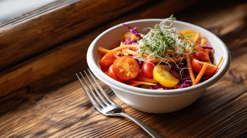 Vibrant salad with tomatoes, carrots, cabbage and sprouts in a biodegradable bowl on a wooden table with a fork beside it