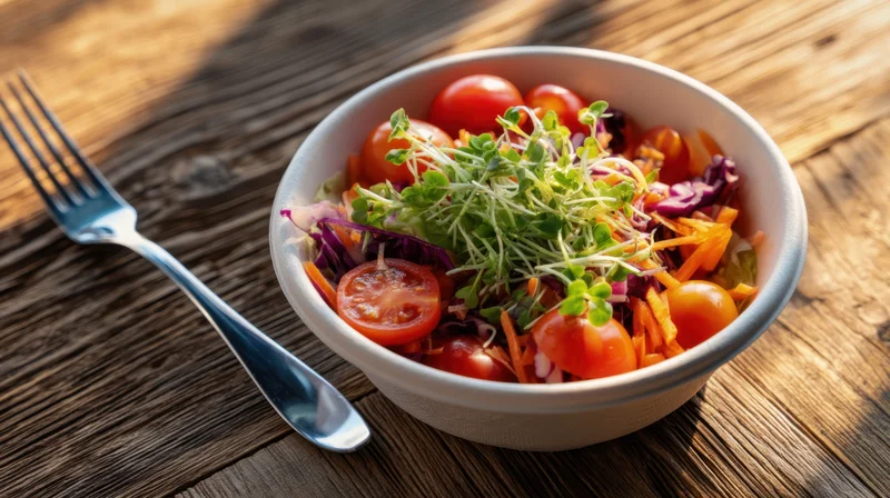Vibrant salad with cherry tomatoes, shredded carrots, purple cabbage and sprouts in a biodegradable bowl on a wooden table with a fork beside it