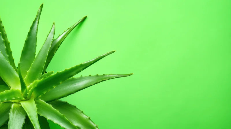 Aloe vera plant with long sharp-edged leaves against a vibrant green background