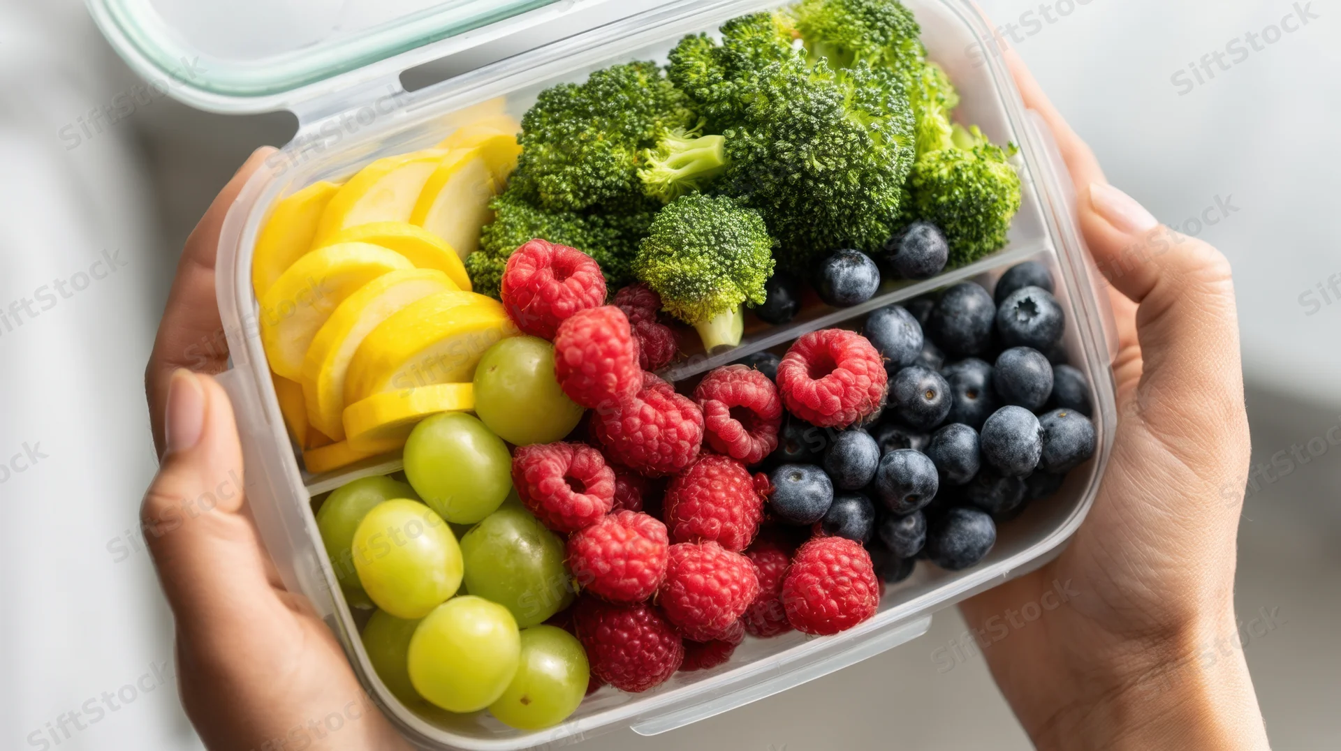 Hands holding an open lunchbox filled with broccoli, raspberries, blueberries, green grapes, and lemon slices arranged in compartments