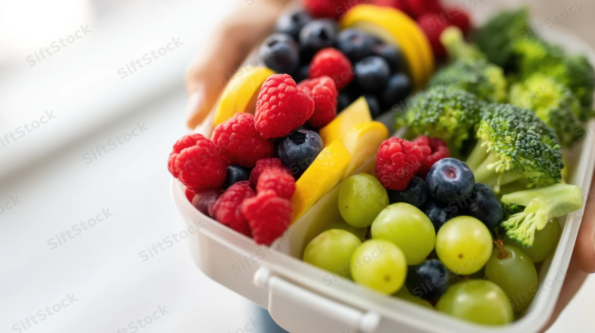 Hand holding open lunchbox filled with fresh fruit and broccoli